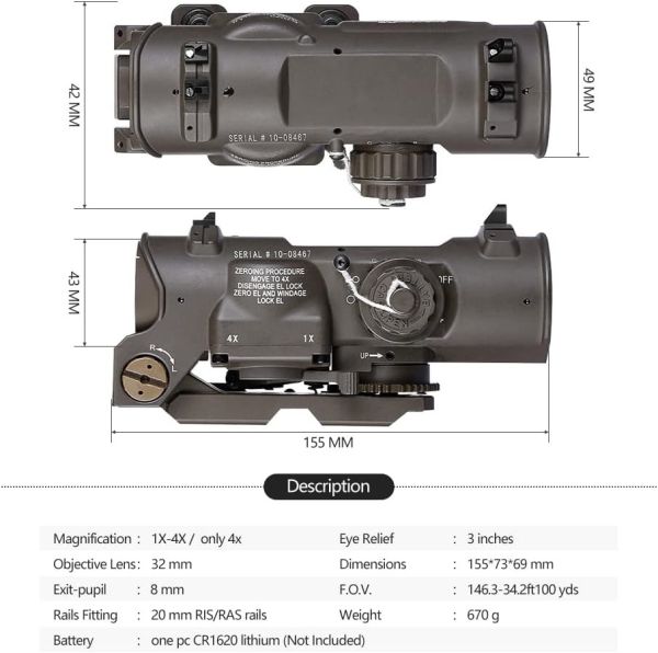 SOTAC Tactical Rifle Scope 1x-4x Fixed Dual Purpose Scope Red Illuminated Airsoft ELCAN - 1-4x32F1